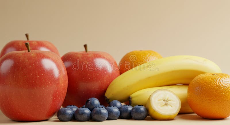 Red Apples Bananas Blueberries and Mandarin Orange on Beige Background. Generative AI