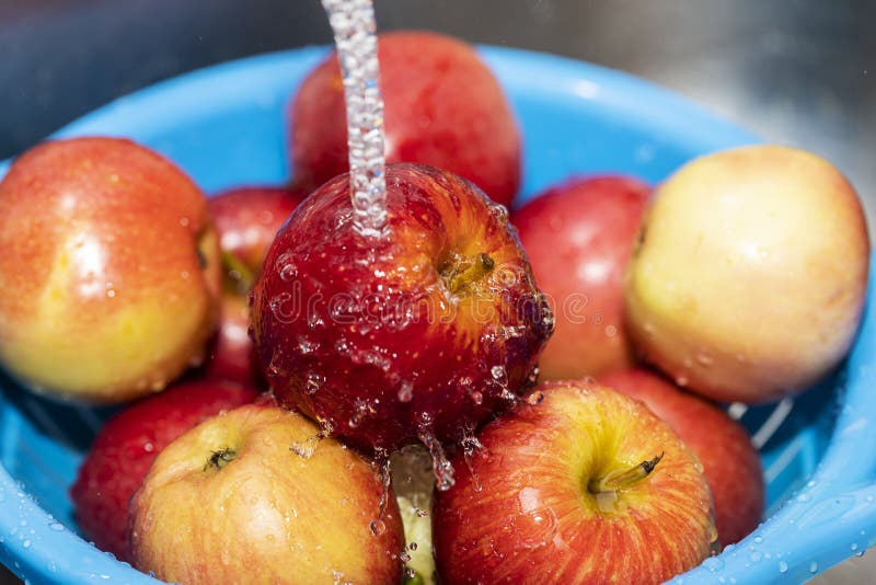Red Apples in a Bowl Under Running Water while Washing the Fruit Stock