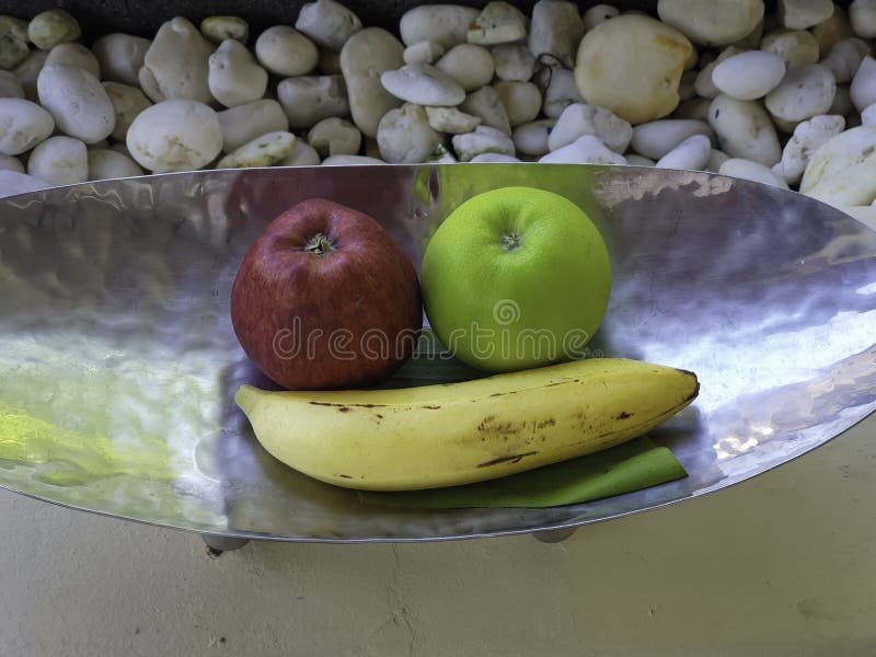 Red apples, green apples and bananas Placed stock images
