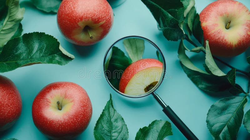 Red apples and green leaves with magnifying glass on a teal background. Top view of fresh red apples with green leaves and a magnifying glass highlighting a section of the apple, set on a teal background. This image focuses on detail, freshness, and nature. AI generated