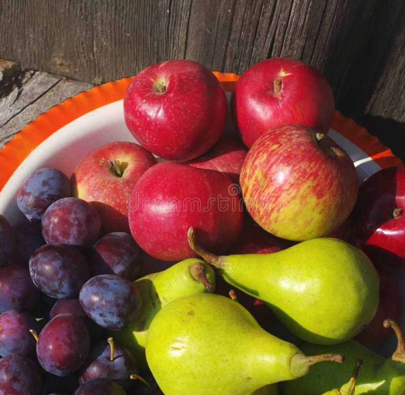 Red apples, green pears and plums in an iron bowl royalty free stock images
