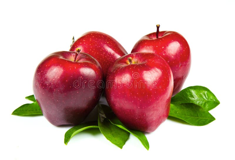 Fresh red apples with leaves isolated on white background