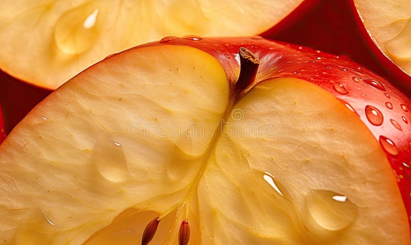 Red apples slices. Macro capture of a crisp apple slice water droplets. Nature\'s freshness. Created by AI tools stock illustration