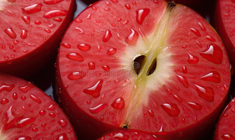 Red apples slices. Macro capture of a crisp apple slice water droplets. Nature\'s freshness. Created by AI tools stock illustration