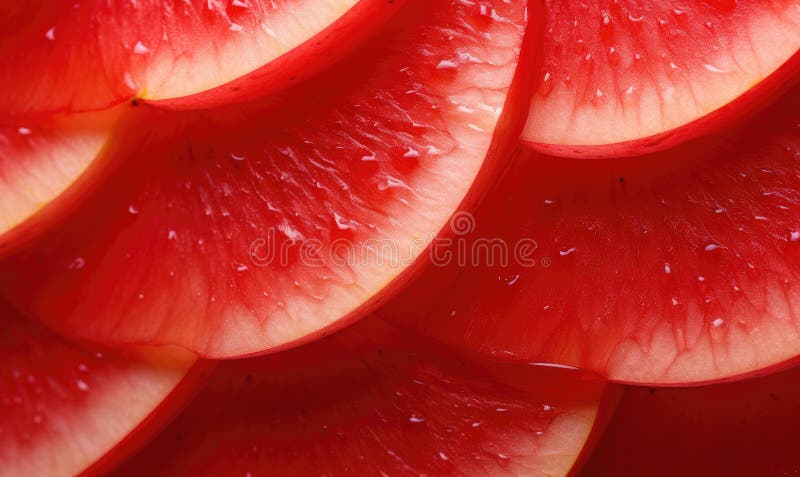 Red apples slices. Macro capture of a crisp apple slice water droplets. Nature\'s freshness. Created by AI tools stock illustration