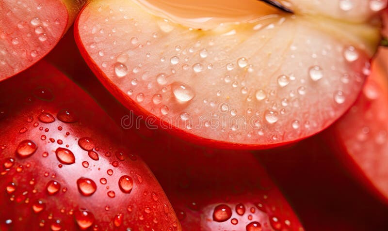 Red apples slices. Macro capture of a crisp apple slice water droplets. Nature\'s freshness. Created by AI tools stock illustration