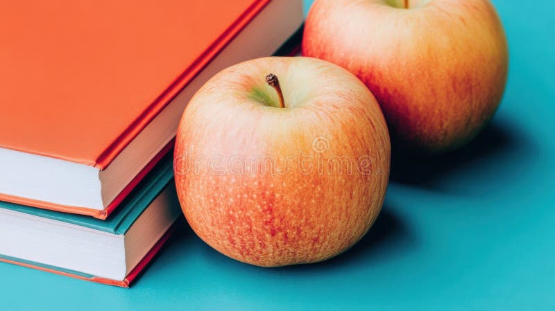 Red Apples and Stacked Books Education Knowledge Learning teal blue desk study fruit fresh image royalty free illustration