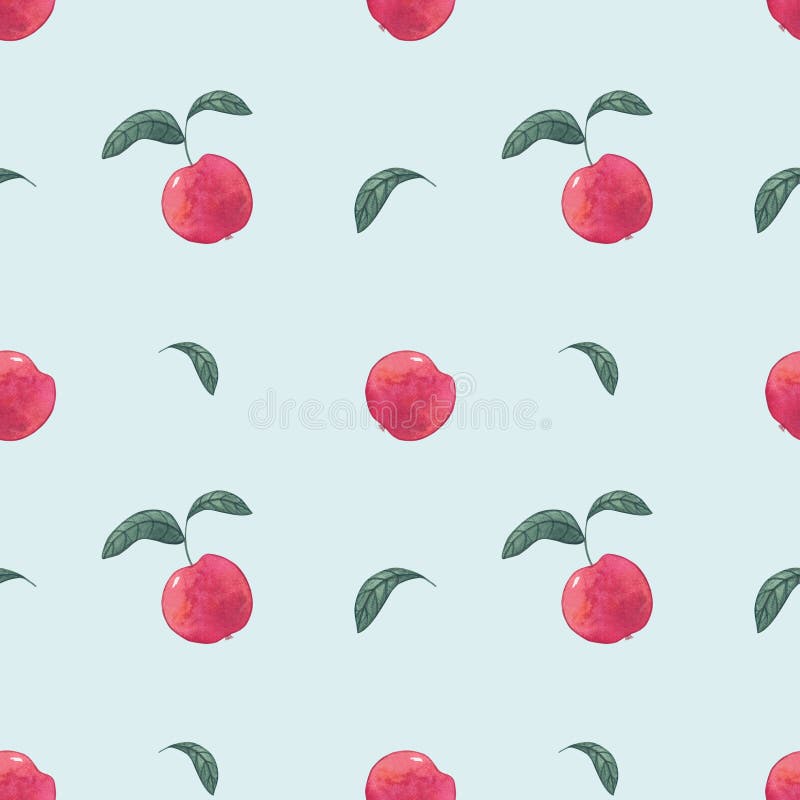 Red Apples Watercolor Seamless Pattern on Blue Background Stock ...