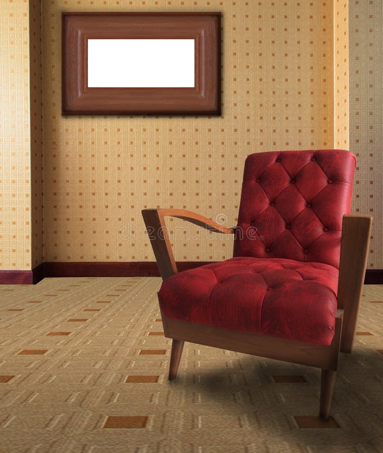 Red arm chair in living room with picture frame on