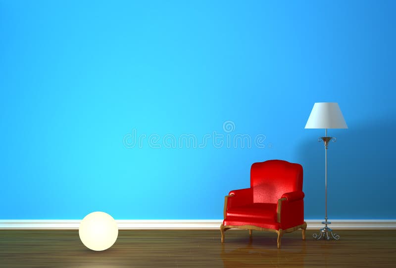 Red armchair with lighting sphere and lamp