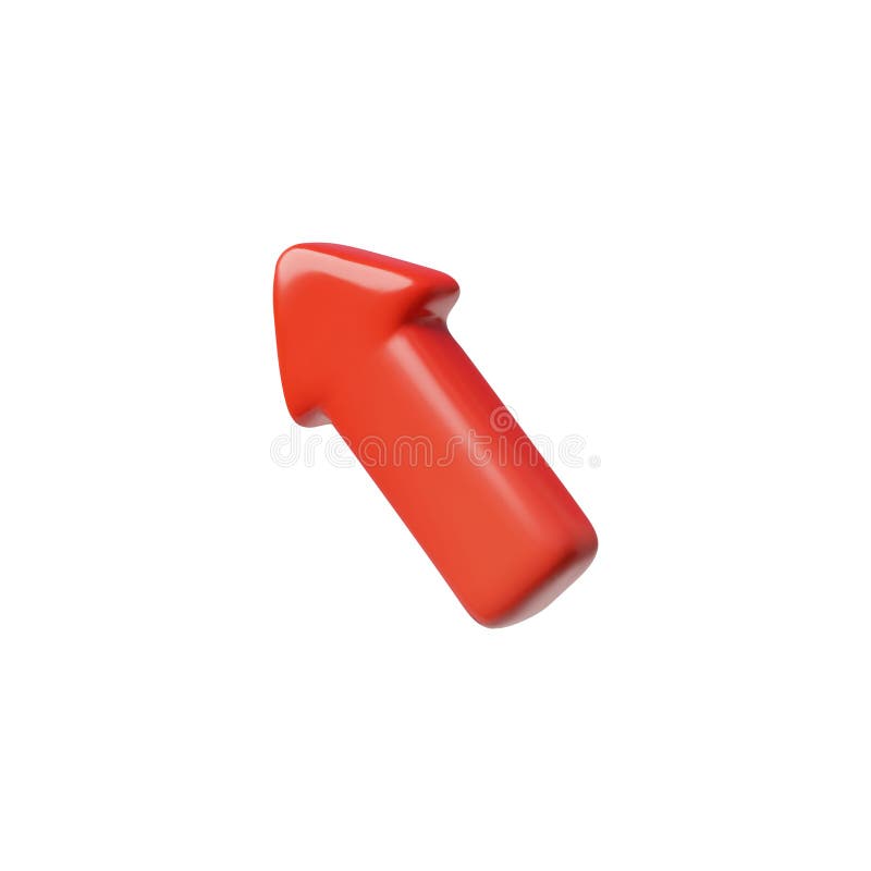 Red arrow pointing up left diagonal cursor 3d cartoon plastic style vector icon, volume interface navigation pointer stock illustration