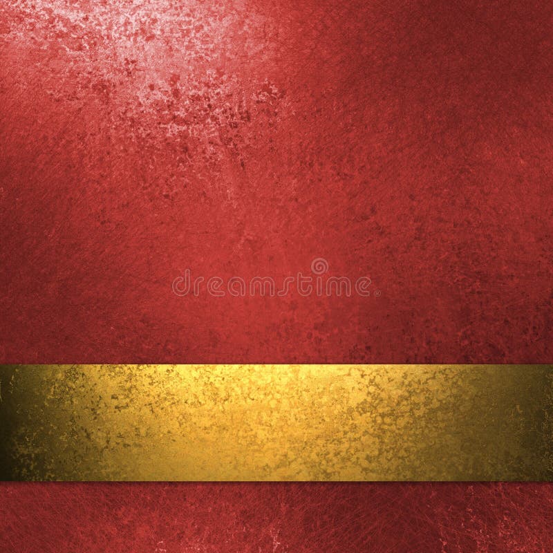 Sfondo rosso con il vecchio grunge texture, arte grafica e design di layout con copia di spazio per titolo o nel testo, oro e nastro striscia in basso.