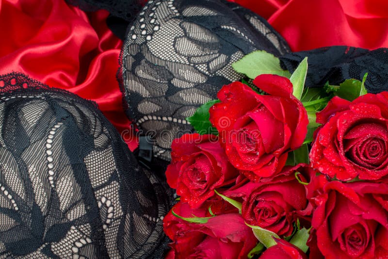 Red Background Roses Black Bra Stock Image - Image of march, black:  169928135