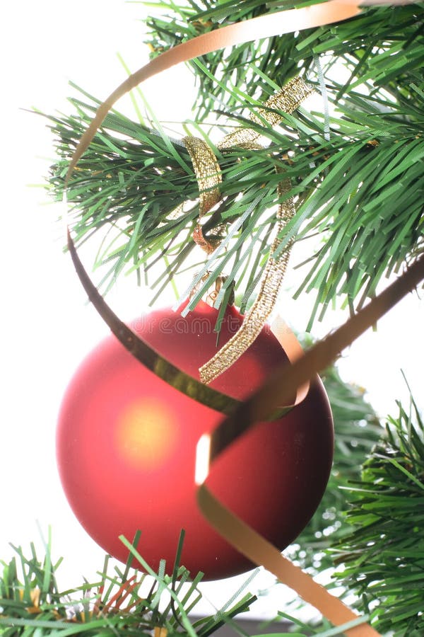 Red ball hanging from christmas tree