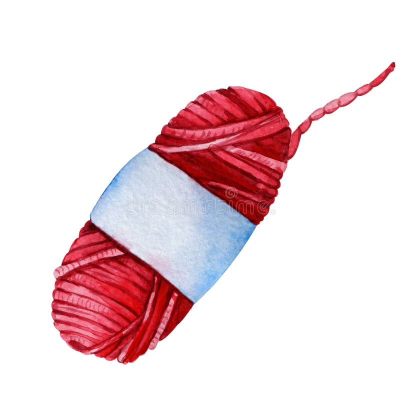 Red ball of yarn, knitting wool, with a label. Hand drawn watercolor illustration isolated on white background. Business