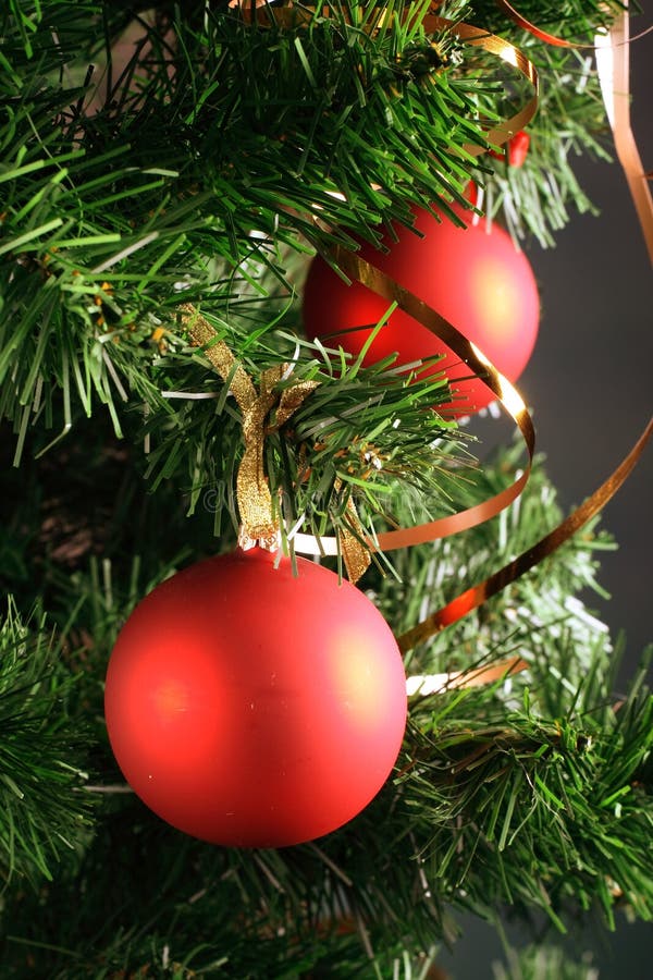 Red balls hanging from christmas tree