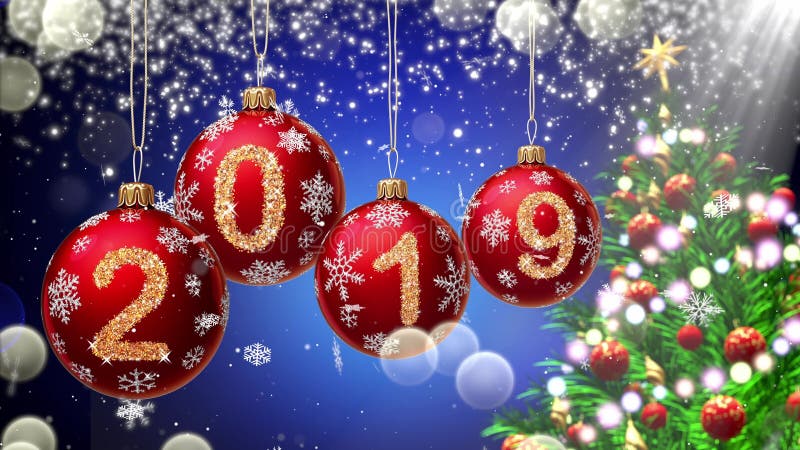 Red balls with numbers 2019 hanging on the background of a blue bokeh and a rotating Christmas tree 3d rendering.