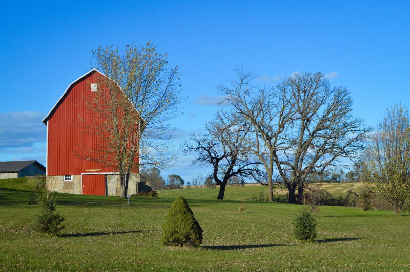 Red Barn With Bare Trees in Wisconsin royalty free stock photography Red Barn With Bare Trees in Wisconsin royalty free stock photography