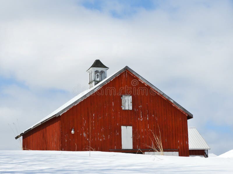Gable roof vintage red barn with cupola in country