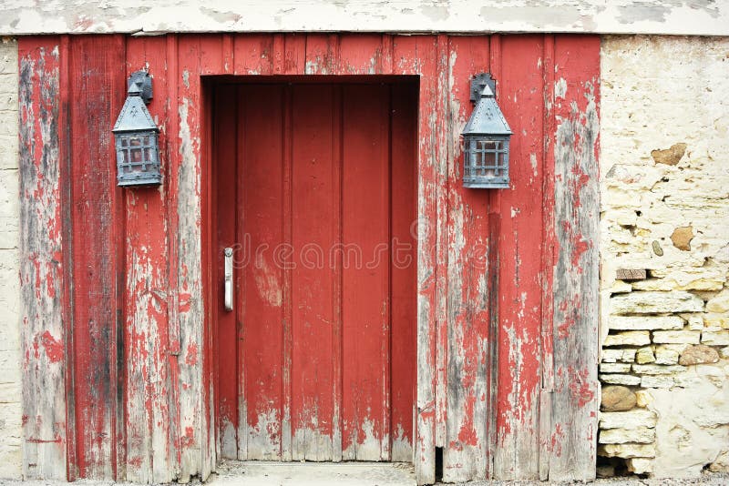 Red Barn Door with Lanterns