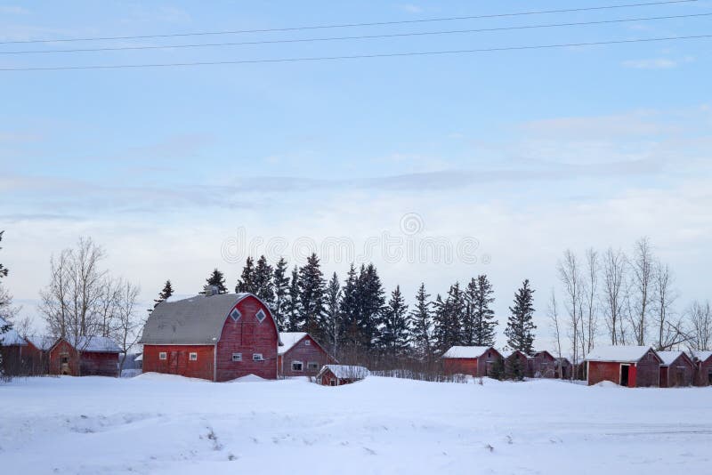 Red Barn And Sheds In Winter Stock Photo Image Of Sheds Windows