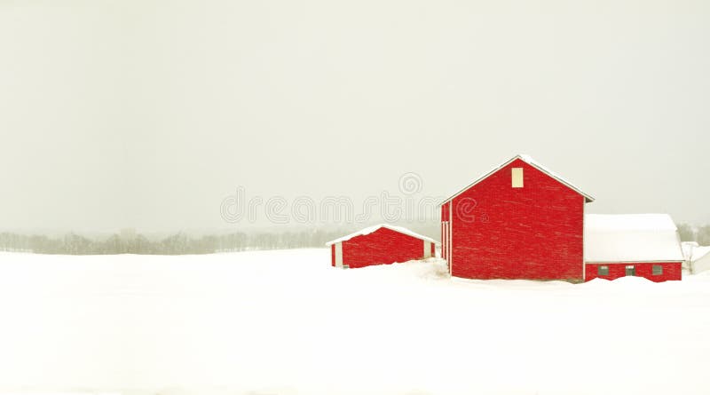 Red barn and snow storm
