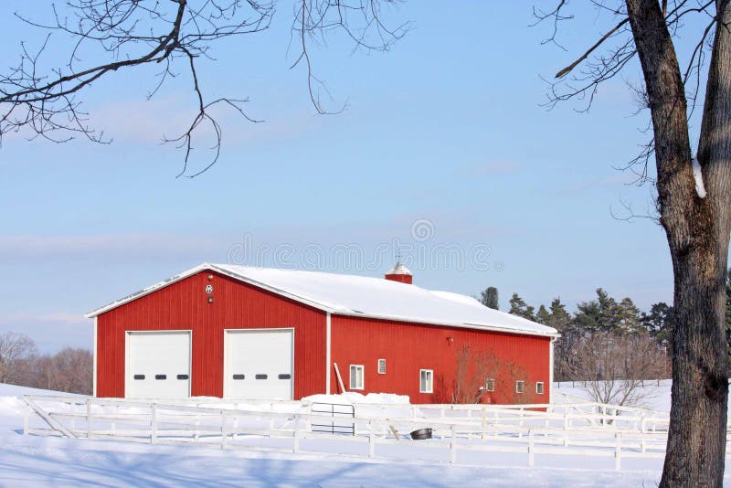 new red and white  barn and white fence framed by tree and blue sky rural New York winter. new red and white  barn and white fence framed by tree and blue sky rural New York winter