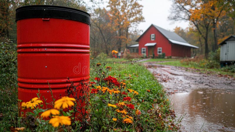 Red barrel sits in front of a small red barn in the fall royalty free illustration