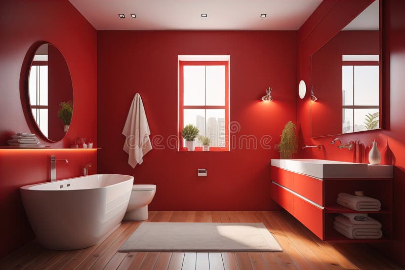 Red Bathroom Interior with a Bathtub and a Mirror. Generative Ai Stock