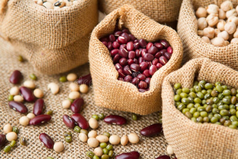 Red Bean Seed in Sack Bag with Various of Legumes Stock Photo - Image ...