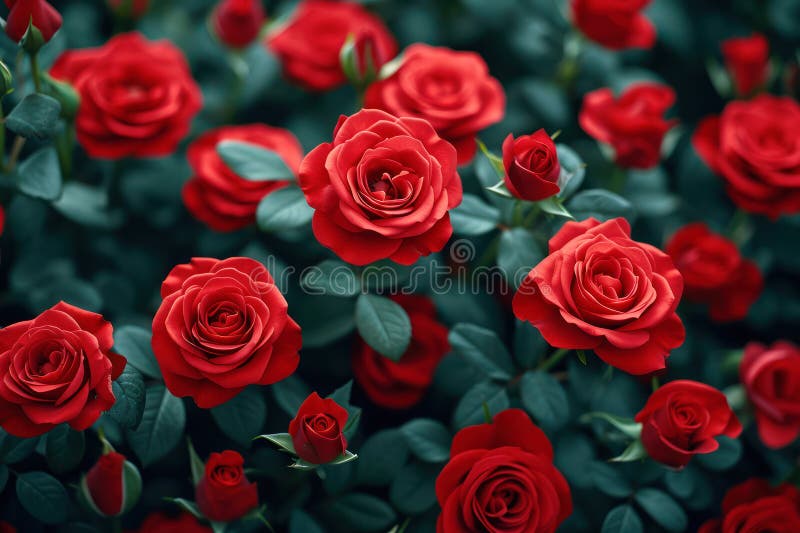 Red Beautiful Roses Flowers Romantic Arrangement extreme closeup. Generative AI