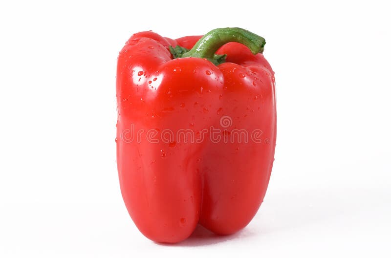 Fresh red bell pepper with drops of water isolated on white background