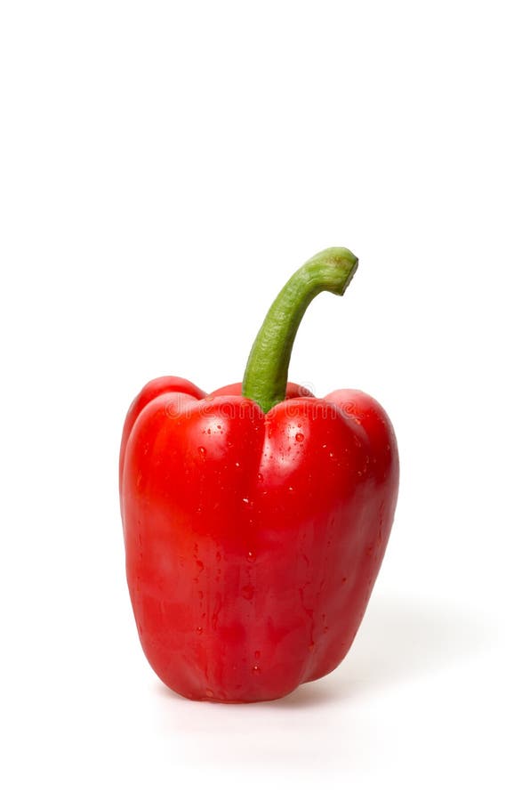 Fresh red bell pepper with water drops isolated on a white background