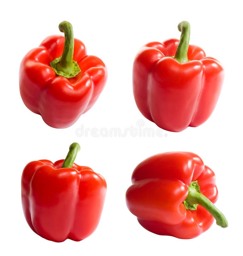 Shiny fresh red bell peppers from several angles, isolated on white background.