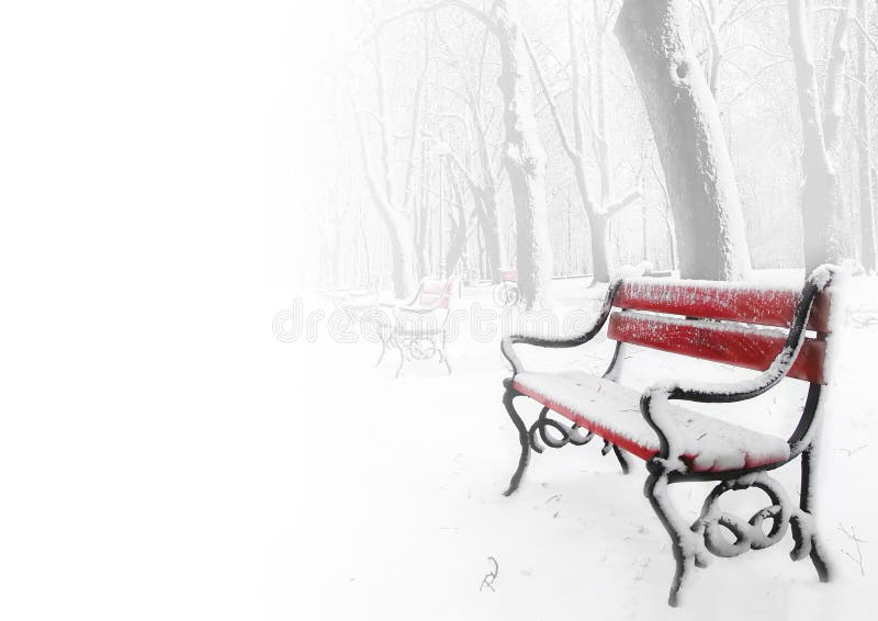 Red benches in the fog