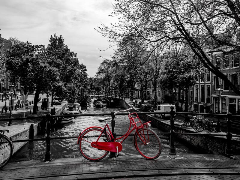 Classic Red Bike Landscape Canvas Picture Prints Black And White Amsterdam 