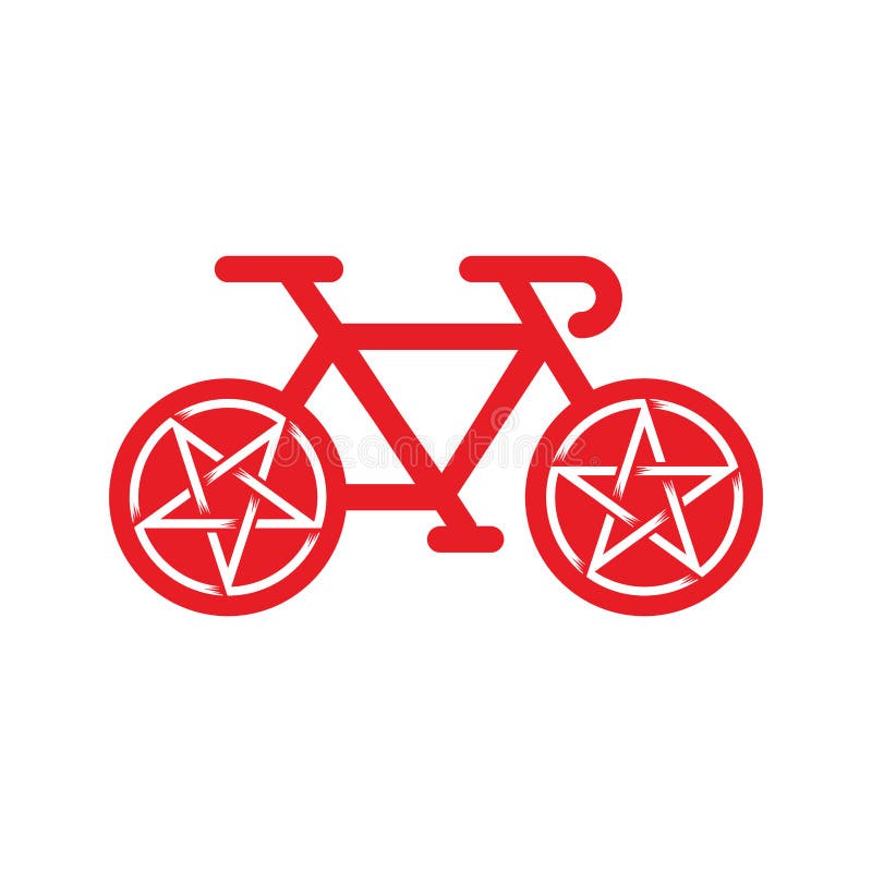 Red bike with pentagram wheel isolated on white background. Vector bicycle icon.