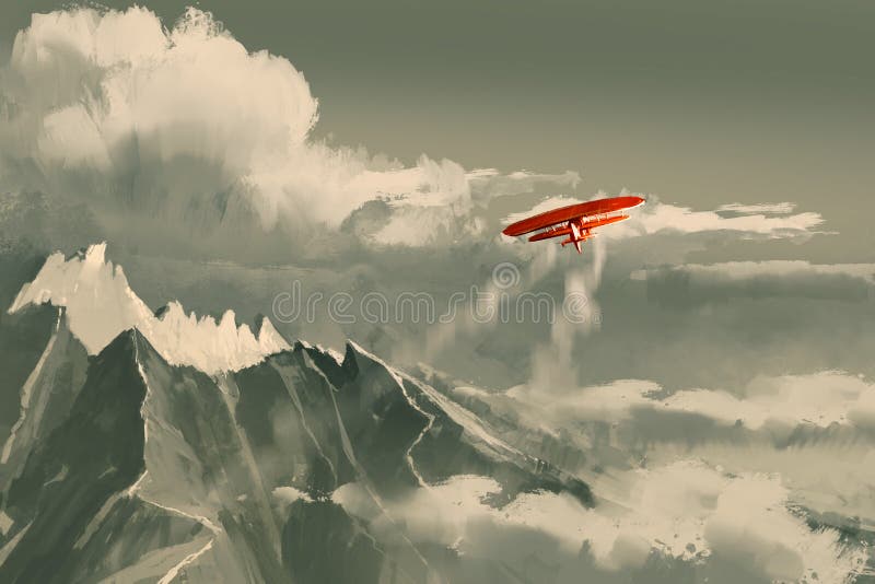Red biplane flying over mountain stock illustration Red biplane flying over mountain stock illustration