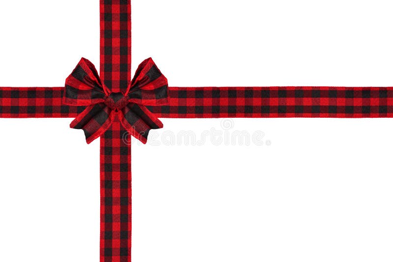 Red and black buffalo plaid Christmas gift bow and ribbon arranged as wrapped gift box isolated on white