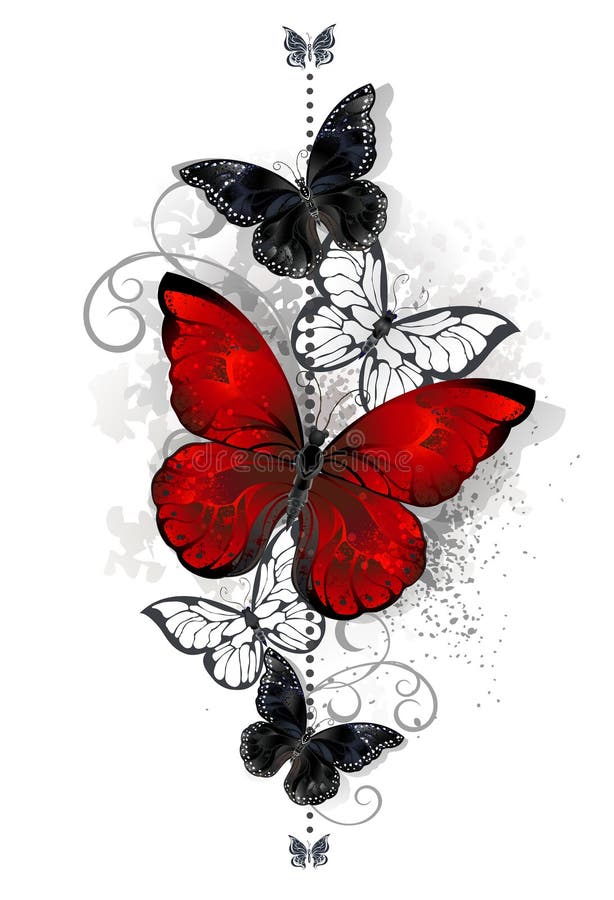 Red and black butterflies. The composition of a bright red and black butterfly butterflies on a white background. Tattoo style. Morpho vector illustration