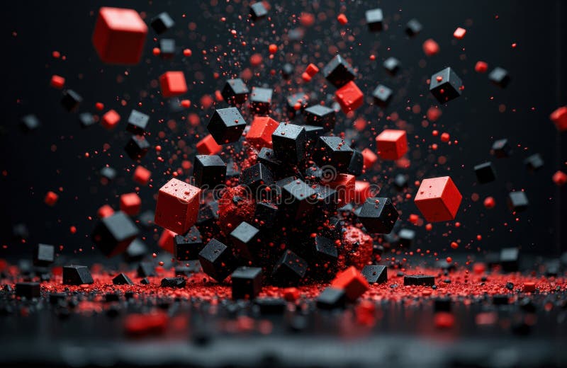 Red and black cubes exploding in mid-air creating a dynamic abstract scene with particles and motion effects stock photo