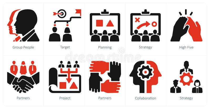 A set of 10 Teamwork icons as group people, target, planning royalty free illustration