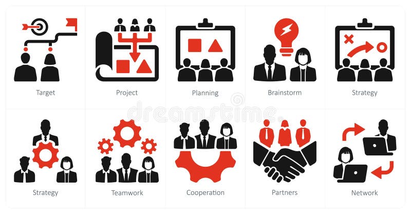 A set of 10 Teamwork icons as target, project, planning, brainstorm stock illustration