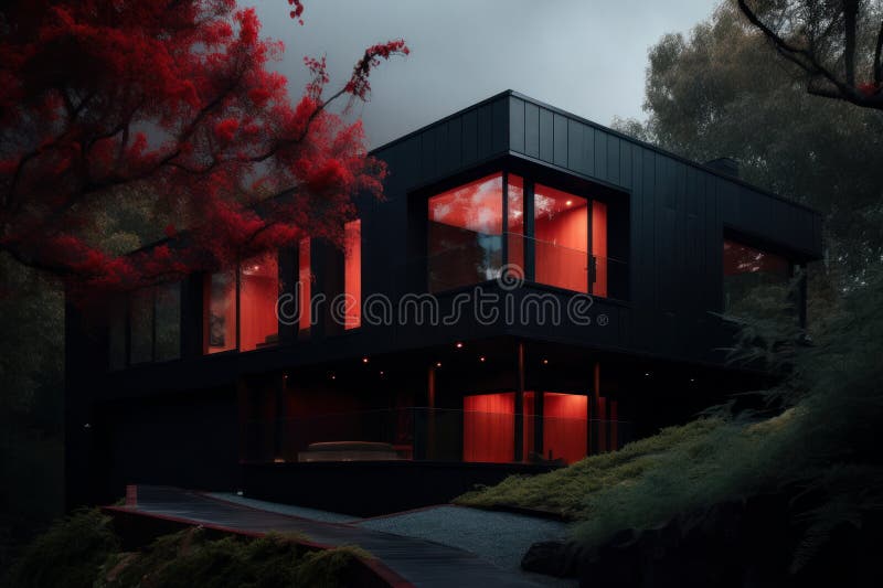 Red and Black House Design in a Dark Place Stock Illustration
