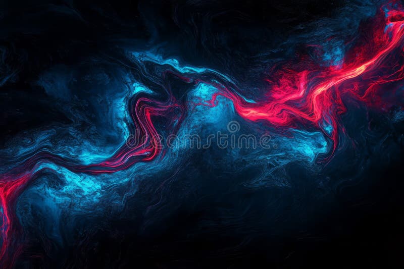 Red and blue abstract swirls on black background. Neural network royalty free illustration.
