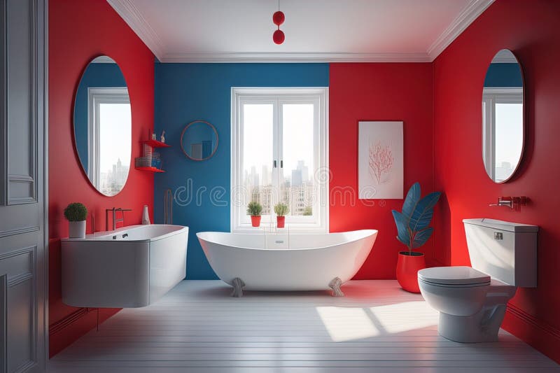 Red and Blue Bathroom Interior with Bathtub and Mirror. Generative Ai