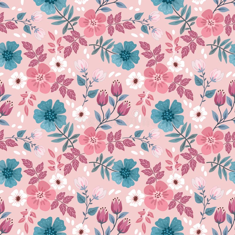 Red and blue blooming flowers design seamless pattern. stock illustration
