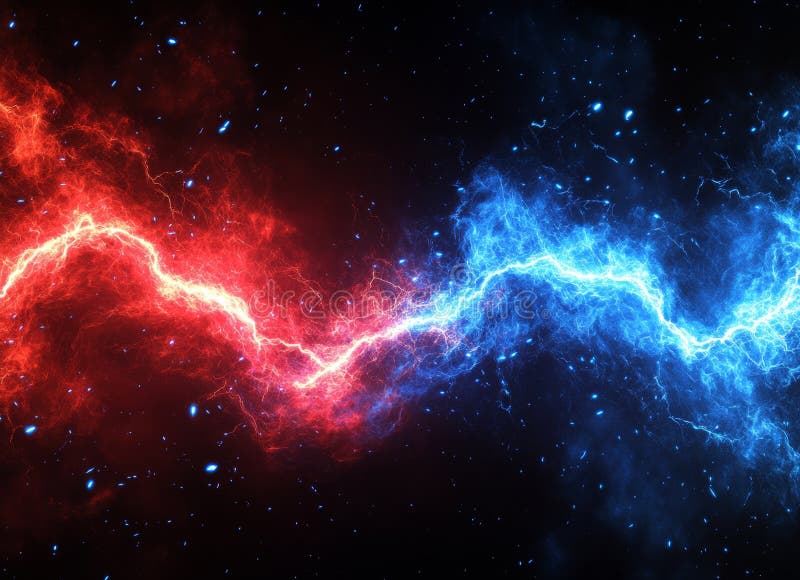Red and blue energy beams collide against a grainy paper texture, creating a fiery, electric abstract image royalty free stock photos