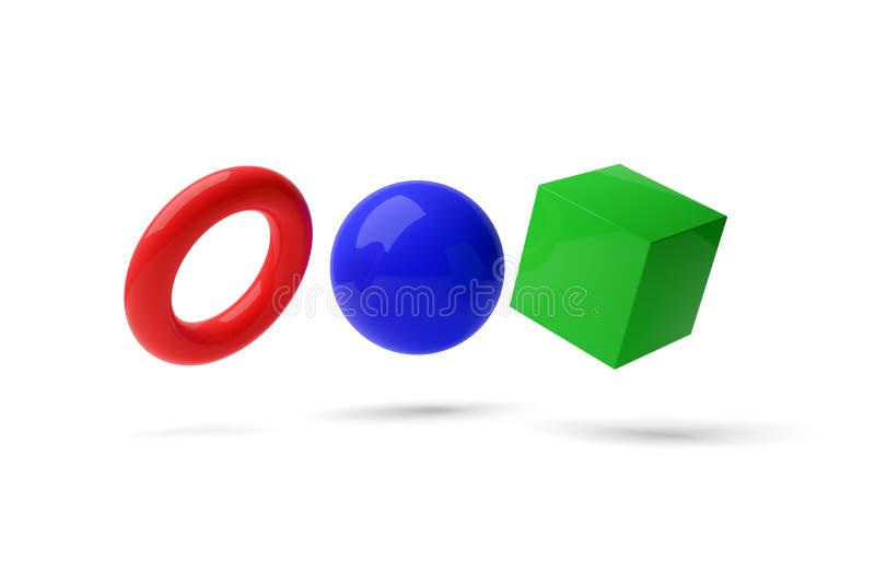 Red, blue and green geometric primitives, sphere, cube and torus on white background, modern minimal template concept