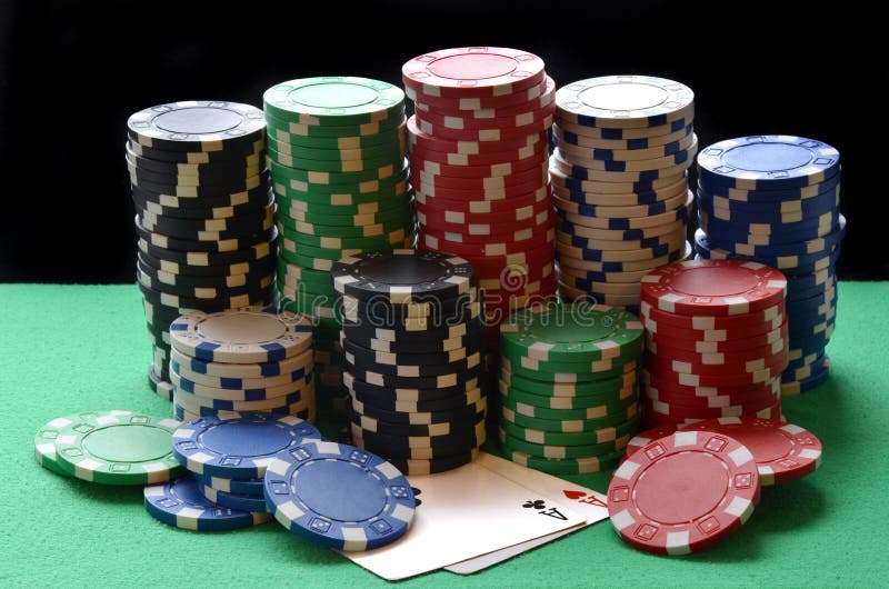 Red, Blue, Green, White and Black Poker Chips Pile and Aces Stock Photo Image of closeup